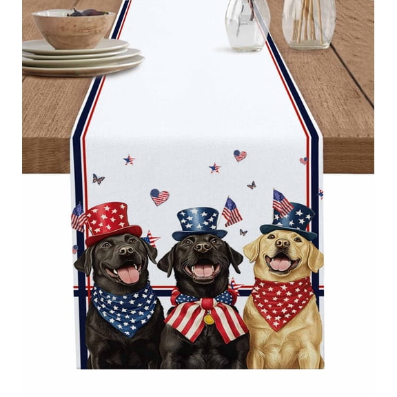 4th of July Table Runner Cotton Linen 48 Inch Holiday Dresser Scarves, Independence Day Black Yellow Dogs American Flag Tablerunner for Kitchen Coffee Dining Bedroom Dinner Scarf Décor 13''x48''
