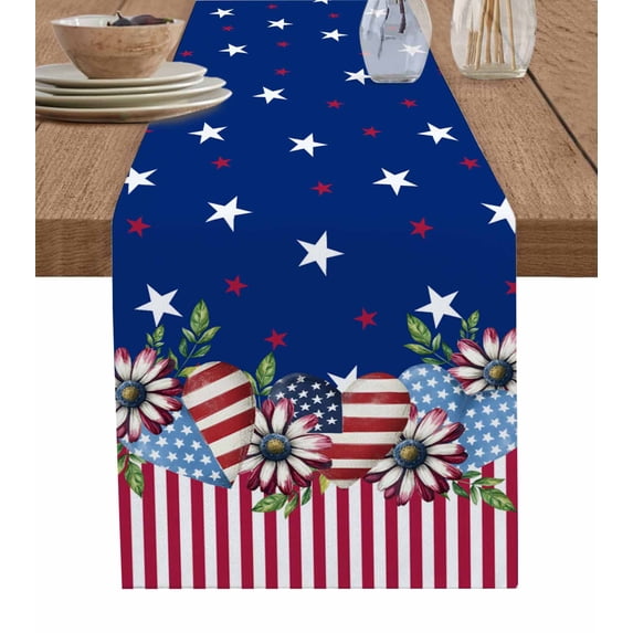 4th of July Table Runner Cotton Linen 48 Inch Holiday Dresser Scarves, Independence Day Red Blue Stars Striped Tablerunner for Kitchen Coffee Dining Bedroom Living Room Dinner Scarf Décor 13''x48''