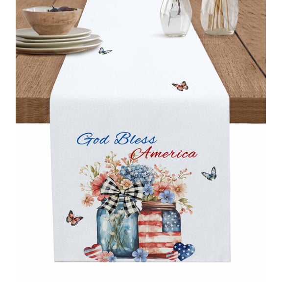 4th of July Table Runner Cotton Linen 90 Inch Holiday Dresser Scarves, Independence Day Spring Floral US Flag Tablerunner for Kitchen Coffee Dining Bedroom Living Room Dinner Scarf Décor 13''x90''