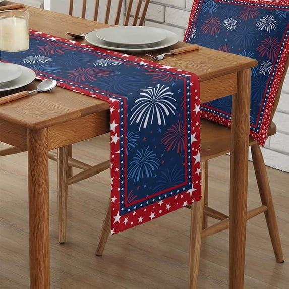 4th of July Table Runner,Fireworks Pattern Patriotic Table Mats,250th Anniversary Fourth of July Memorial Day Kitchen Dining Table Decoration,108x13 Inch