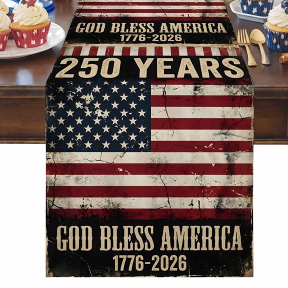 4th of July Table Runner God Bless America Table Runners 250th Anniversary Flag Cotton Linen Dresser Scarf Kitchen Dining Table Decor for Independence Day Memorial Day Party Decor 13x36 Inch