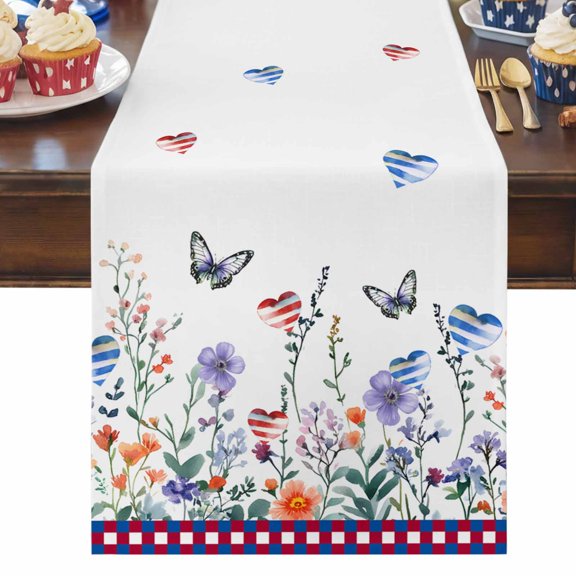 4th of July Table Runner God Bless America Table Runners Butterfly Patriotic Love Cotton Linen Dresser Scarf Kitchen Dining Table Decor for Independence Day Memorial Day Party Decor 13x36 Inch