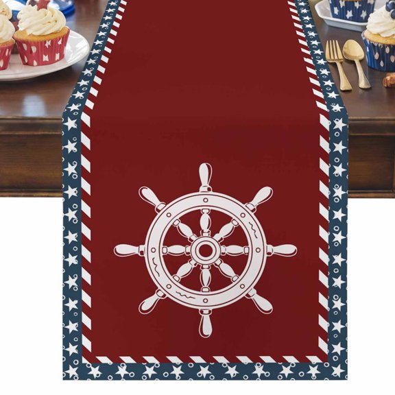4th of July Table Runner Nautical Ocean Rudder Table Runners Red White Blue Stars USA Flag Cotton Linen Dresser Scarf Kitchen Dining Table Decor for Independence Day Memorial Day Party 13x36 Inch