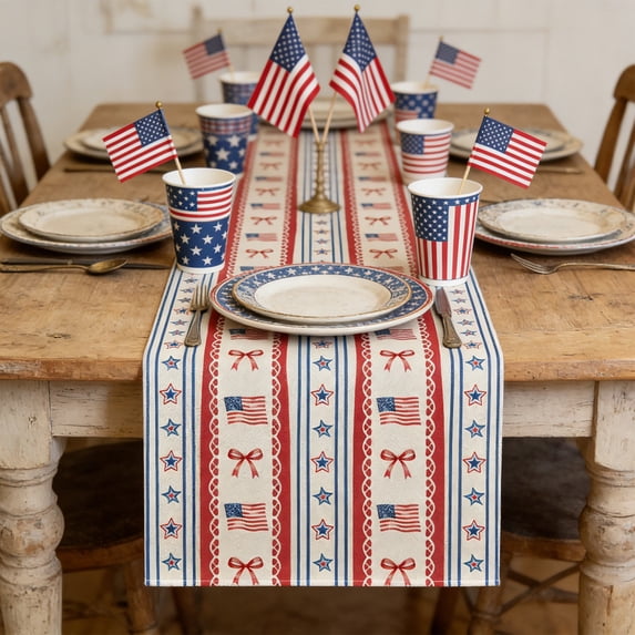4th of July Table Runner, Patriotic Decor for 250th Anniversary, Memorial Day & Independence Day, Linen Textured Stars Stripe/Plaid Table Runner for Dining Table Home Party, 13" x 72"