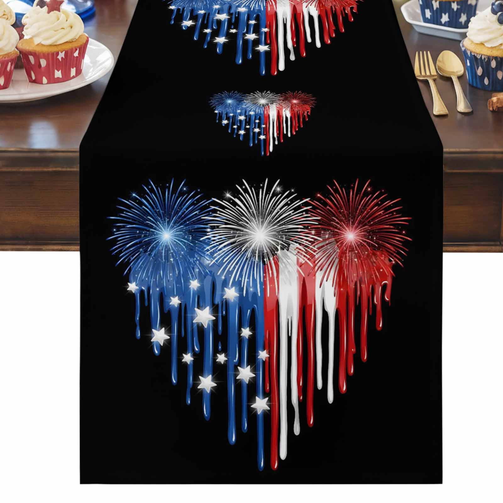4th of July Table Runner Patriotic Heart Fireworks Table Runners Red ...