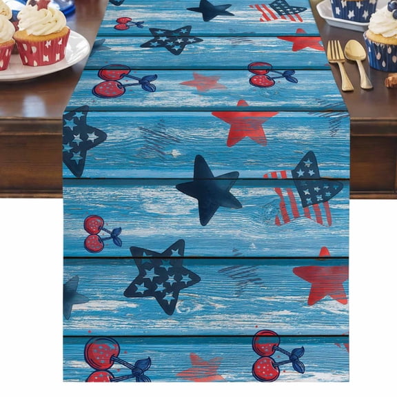 4th of July Table Runner Patriotic Star Cherry Table Runners USA Flag Blue Wood Grain Cotton Linen Dresser Scarf Kitchen Dining Table Decor for Independence Day Memorial Day Party Decor 13x36 Inch