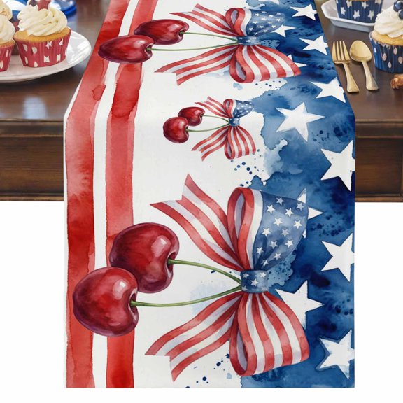 4th of July Table Runner Patriotic Star Stripes Table Runners Bow Tie Cherry Cotton Linen Dresser Scarf Kitchen Dining Table Decor for Independence Day Memorial Day Party Decor 13x36 Inch