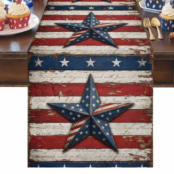 4th of July Table Runner Patriotic Star Stripes Table Runners Retro Wood Grain Cotton Linen Dresser Scarf Kitchen Dining Table Decor for Independence Day Memorial Day Party Decor 13x36 Inch