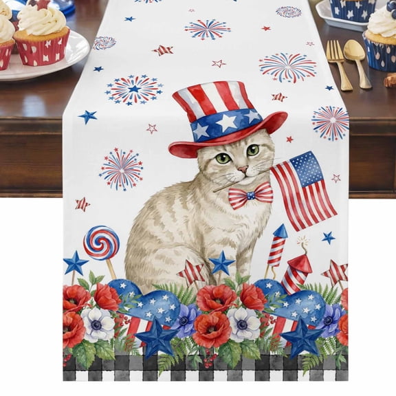 4th of July Table Runner Patriotic Stars Cat Table Runners Poppy USA Flag Fireworks Cotton Linen Dresser Scarf Kitchen Dining Table Decor for Independence Day Memorial Day Party Decor 13x72 Inch