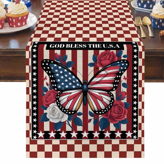 4th of July Table Runner Patriotic Stars Stripes Table Runners Butterfly God Bless USA Cotton Linen Dresser Scarf Kitchen Dining Table Decor for Independence Day Memorial Day Party Decor 13x36 Inch