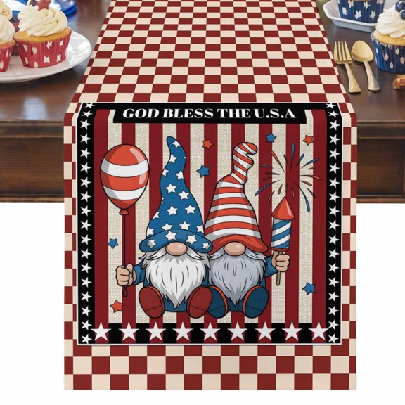 4th of July Table Runner Patriotic Stars Stripes Table Runners Gnomes God Bless USA Cotton Linen Dresser Scarf Kitchen Dining Table Decor for Independence Day Memorial Day Party Decor 13x36 Inch