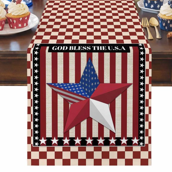 4th of July Table Runner Patriotic Stars Stripes Table Runners God Bless USA Cotton Linen Dresser Scarf Kitchen Dining Table Decor for Independence Day Memorial Day Party Decor 13x36 Inch