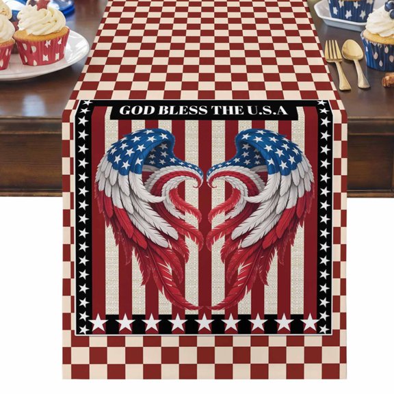 4th of July Table Runner Patriotic Stars Stripes Table Runners Wings God Bless USA Cotton Linen Dresser Scarf Kitchen Dining Table Decor for Independence Day Memorial Day Party Decor 13x36 Inch