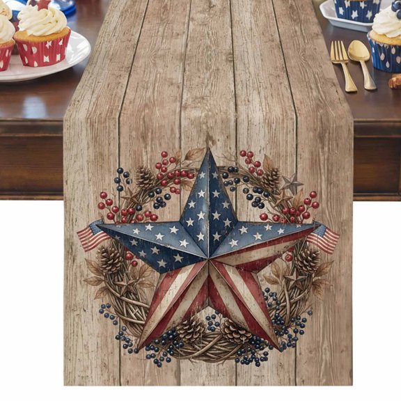 4th of July Table Runner Patriotic Stars Table Runners Berry Wreath American Flag Wood Cotton Linen Dresser Scarf Kitchen Dining Table Decor for Independence Day Memorial Day Party Decor 13x36 Inch