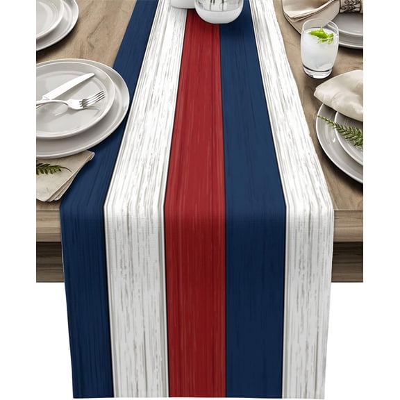 4th of July Table Runner, Red White and Blue Cotton Linen Tablecloth Summer Holiday Farmhouse Table Decorations for Home,Kitchen,Dining Room,Indoor,Outdoor,14X72 Inches Long,Retro Rustic Wood Texture