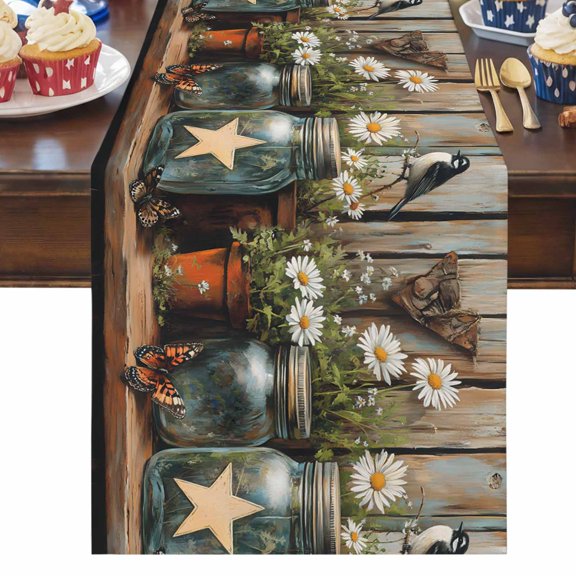4th of July Table Runner Star Daisy Bird Table Runners Rustic Wood Grain Cotton Linen Dresser Scarf Kitchen Dining Table Decor for Independence Day Memorial Day Party Decor 13x36 Inch