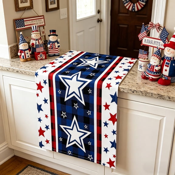 4th of July Table Runner, Stars Patriotic Memorial Day Table Runner Independence Day Kitchen Dining Table Decoration for Outdoor Indoor Home Party Decor 13 x 36 Inch