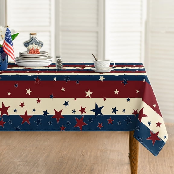 4th of July Tablecloth 60×60 Inch Square, Blue and Red Star Strips Independence Day Memorial Day Washable Seasonal Table Cover for Party Dinner Decor