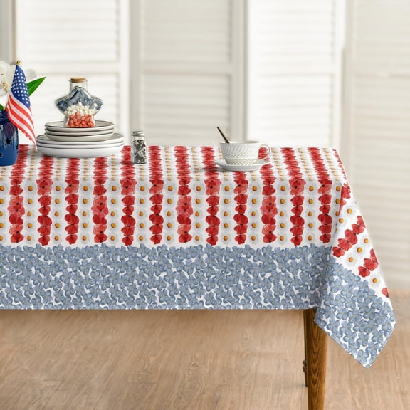 4th of July Tablecloth 60×60 Inch Square, Floral Flag Patriotic Memorial Day Red Blue Independence Day Washable Seasonal Table Cover for Party Picnic Dinner Decor
