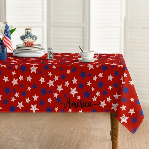 4th of July Tablecloth 60×84 Inch Rectangular, Patriotic Stars Independence Day Memorial Day Red Washable Seasonal Table Cover for Party Dinner Decor