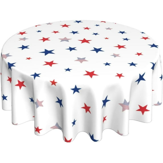 4th of July Tablecloth 60 Inch Round, Red Blue Striped Stars Decorations Patriotic Table Cloth Polyester Outdoor Decor Memorial Independence Day Table Cover for Farmhouse Party Picnic Dinner