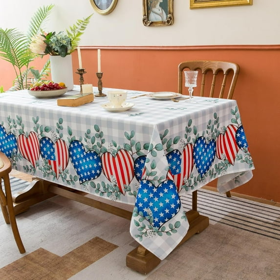 4th of July Tablecloth 60" X 102" Patriotic Rectangle Table Cloth - Polyester Stars Stripes Eucalyptus Leaf White Grey Checkered Independence Day Table Cover Reusable Water Resistant