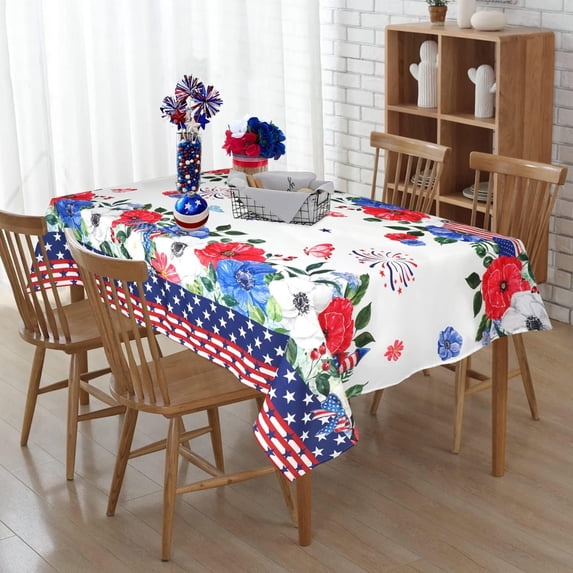 4th of July Tablecloth 60x84 Inch Rectangle, Patriotic Tablecloth, Independence Day American Flag Red White and Blue Floral Table Cover for Party Picnic Dinner Decor
