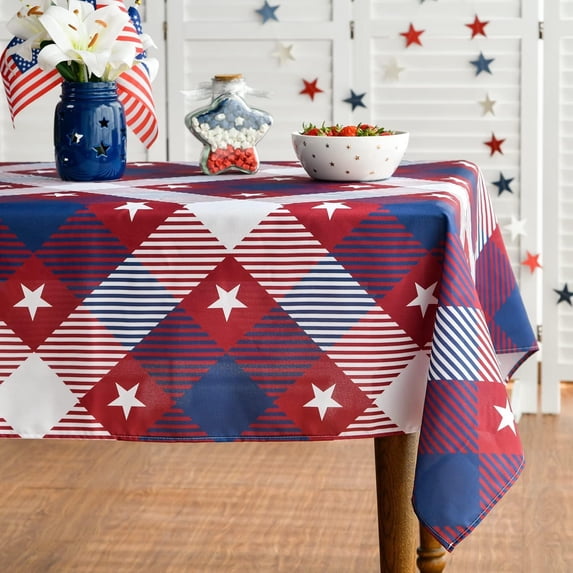 4th of July Tablecloth 60x84 Inch Rectangular, Patriotic Red Buffalo Plaid Stars Independence Day Memorial Day Table Cover for Party Picnic Dinner Decor