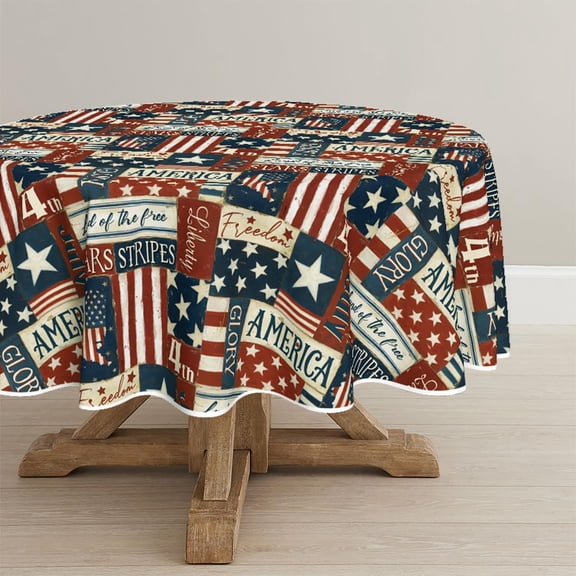 4th of July Tablecloth 70×70 Inch Round, Patchwork Style American Flag Map Patriotic Pattern Independence Day Washable Seasonal Table Cover for Party Picnic Dinner Decor