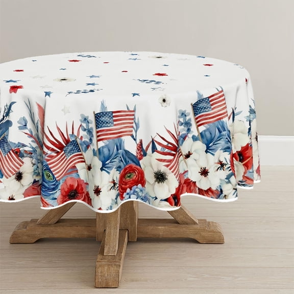 4th of July Tablecloth 70×70 Inch Round, Patriotic Star Flowers Rose Hydrangea Independence Day Memorial Day Washable Seasonal Table Cover for Party Picnic Dinner Decor