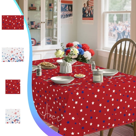 4th of July Tablecloth Independence Day Patriotic Decorations Red White Blue Polyester Machine Washable for Dining Table Kitchen Party Holiday by PALIFEUR