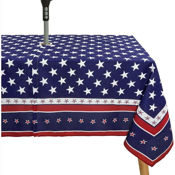 4th of July Tablecloth Memorial Day Patriotic Table Cloths Waterproof American Flag Table Cloth with Umbrella Hole 60 x 84 inch for Outdoor Round Table