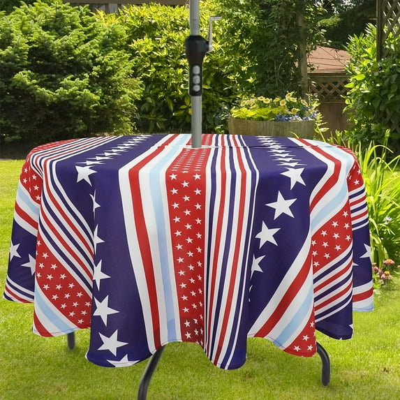 4th of July Tablecloth Memorial Day Patriotic Table Cloths Waterproof American Flag Table Cloth with Umbrella Hole 60 x 60 inch for Outdoor Round Table