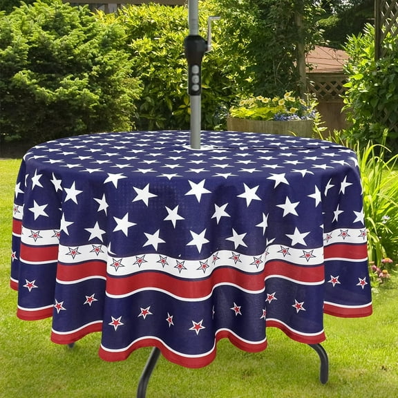 4th of July Tablecloth Memorial Day Patriotic Table Cloths Waterproof American Flag Table Cloth with Umbrella Hole 60 x 60 inch for Outdoor Round Table