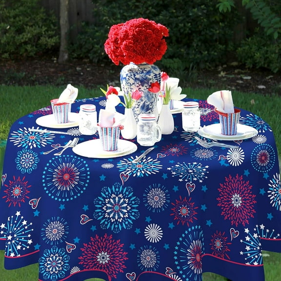4th of July Tablecloth Patriotic Decorations Red White and Blue Print Fireworks Memorial Day Backed Table Cloth American Flag Indoor/Outdoor/Pool/Party (60" Round)