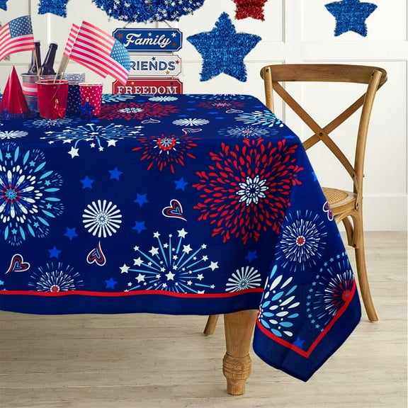 4th of July Tablecloth Patriotic Decorations Red White and Blue Print Fireworks Memorial Day Backed Table Cloth American Flag Indoor/Outdoor/Pool/Party (Oblong/Rectangle 60" × 84")