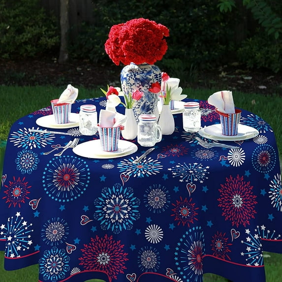 4th of July Tablecloth Patriotic Decorations Red White and Blue Print Fireworks Memorial Day Backed Table Cloth American Flag Indoor/Outdoor/Pool/Party(Round 60" × 60")