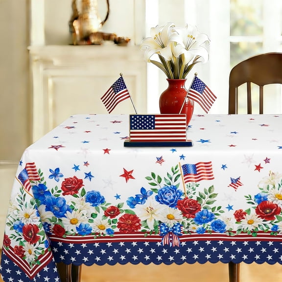 4th of July Tablecloth Patriotic Flower Tablecloths Rectangular 60x120 Inch, Red White and Blue Floral Table Cover Waterproof for Independence Day Memorial Day Dinning Table Decorations