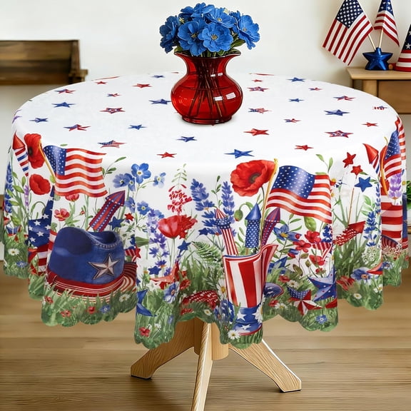 4th of July Tablecloth Patriotic Hat Tablecloths Round 60x60 Inch, Red White and Blue Floral Table Cover Waterproof for Independence Day Memorial Day Dinning Table Decorations