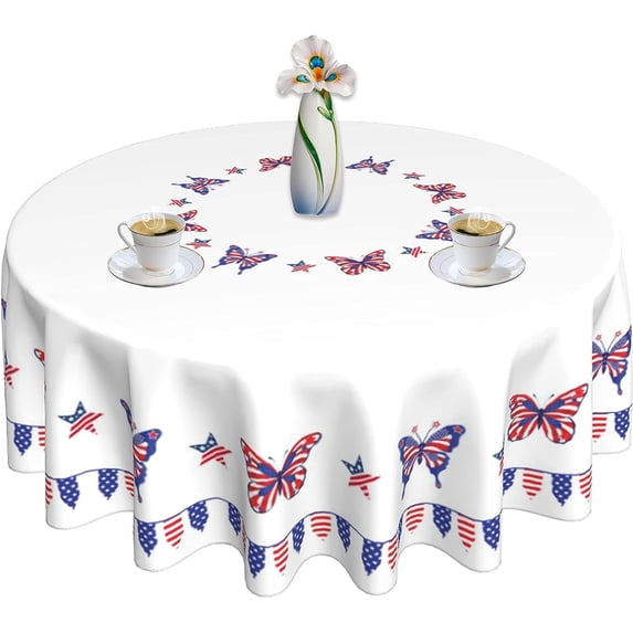 4th of July Tablecloth Patriotic Round Tablecloth 60 Inch Washable Star Butterfly Table Cloth Waterproof Fabric Table Cover for Holiday Outdoor Party Kitchen Dining Table Decor