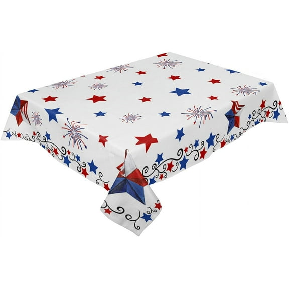 4th of July Tablecloth Patriotic Stars Table Cloth for Independence Day Waterproof Red Blue Fireworks Tablecloths Rectangle Kitchen Table Cover for Dinner Picnic Memorial Day Holiday Party 60x84