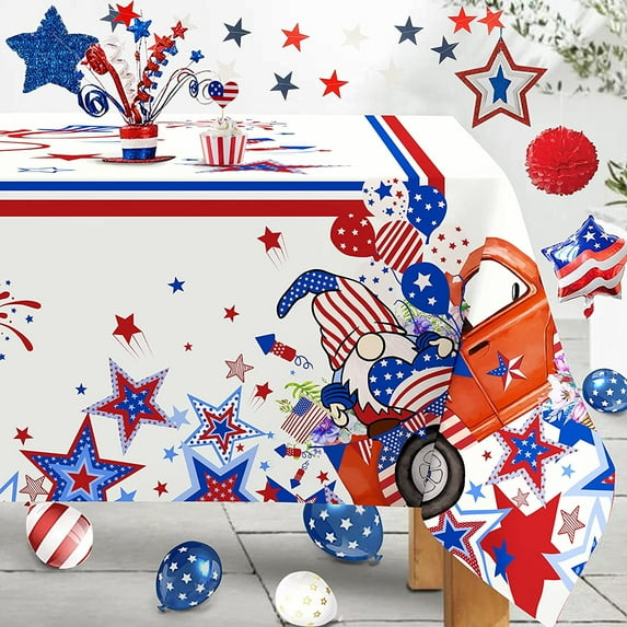 4th of July Tablecloth, Rectangle 60x120 inch(10-12 Seats) Table Cloth, Red and Blue Stars Indoor or Outdoor American Flag Independence Day Kitchen Table Decorations for Dinner Party