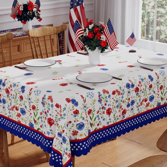 4th of July Tablecloth Rectangle 60x84 Inch, 250 Anniversary USA Merchandise Patriotic Decorations Washable Blue Red Floral America Memorial Day Table Cloth Waterproof Edge Table Cover