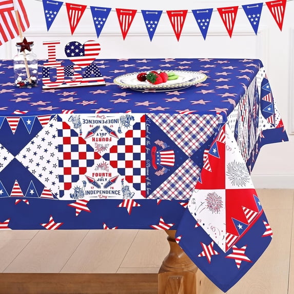4th of July Tablecloth Rectangle 60x84 Inch, Memorial Patriotic Tablecloths Waterproof Spillproof, America Flag Patchwork Table Cloth, Independence Day Table Cover for Dinner Party Picnic Decor