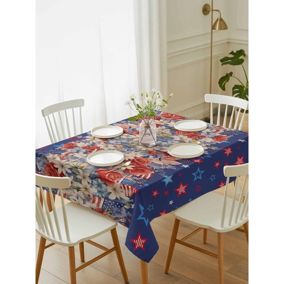 4th of July Tablecloth Rectangle Table Cloth 52x70, Waterproof Tablecloth Outdoor Table Cloth, Blue Red Star Flowers Botanical Rustic Washable Table Cover for Kitchen Dinning Party
