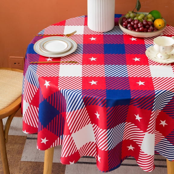 4th of July Tablecloth Red Blue Checkered 60 Inch Round Tablecloth - Polyester Patriotic Gingham Plaid Star Table Cover Reusable Water Resistant Independence Day Memorial Day Table Décor