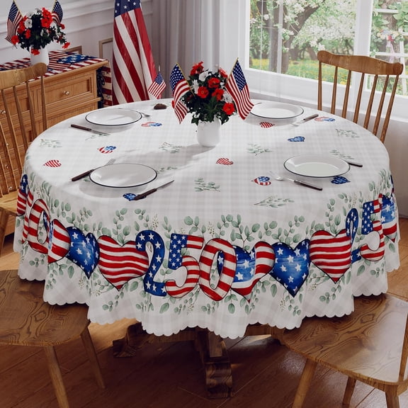 4th of July Tablecloth Round 60 Inch, 250 Anniversary USA Merchandise Patriotic Decorations Washable Blue Red America Heart Memorial Day Table Cloth Waterproof Edge Table Cover