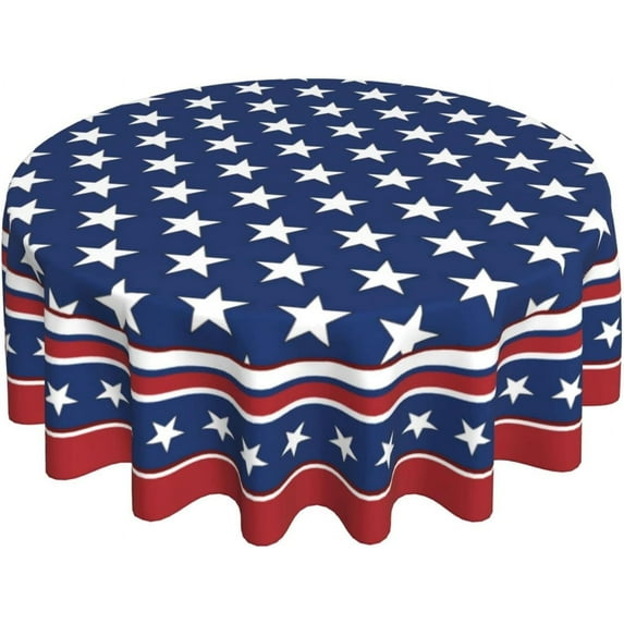 4th of July Tablecloth Round 60 Inch Patriotic Memorial Independence Day Decorative Table Cloth Washable Wrinkle Stain-Resistant Polyester Holiday American Flag Blue Table Cover For Party Dinner
