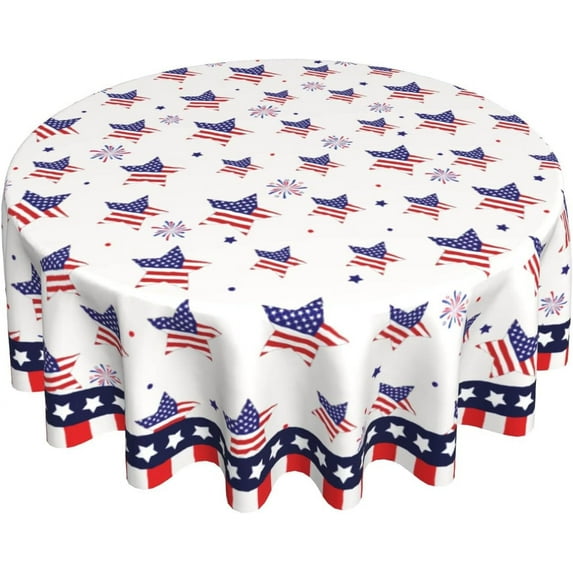 4th of July Tablecloth Round 60 Inch Patriotic Table Cloth Washable Spillproof Wrinkle Free Independence Day Fourth of July Star Fabric Table Cover for Indoor Outdoor Kitchen Dinning Round Tables