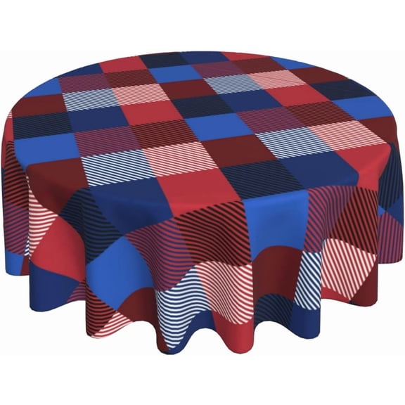 4th of July Tablecloth Round 60 Inch Red Blue Buffalo Plaid Checked Decorative Table Cloth Wrinkle Stain-Resistant Polyester Holiday Patriotic Memorial Independence Day Table Cover For Party Dinner